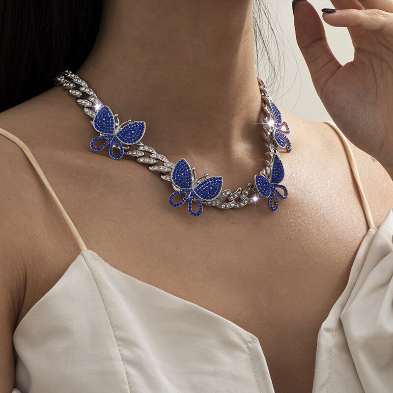 Women's Butterfly Cuban Chain Necklace Gold Silver Color Hip Hop Jewelry Necklace Bracelet Set