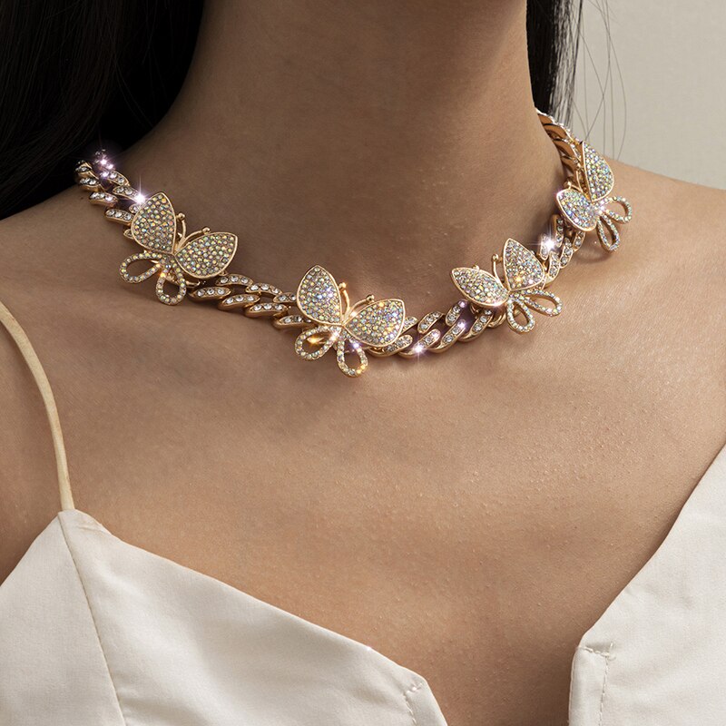 Women's Butterfly Cuban Chain Necklace Gold Silver Color Hip Hop Jewelry Necklace Bracelet Set