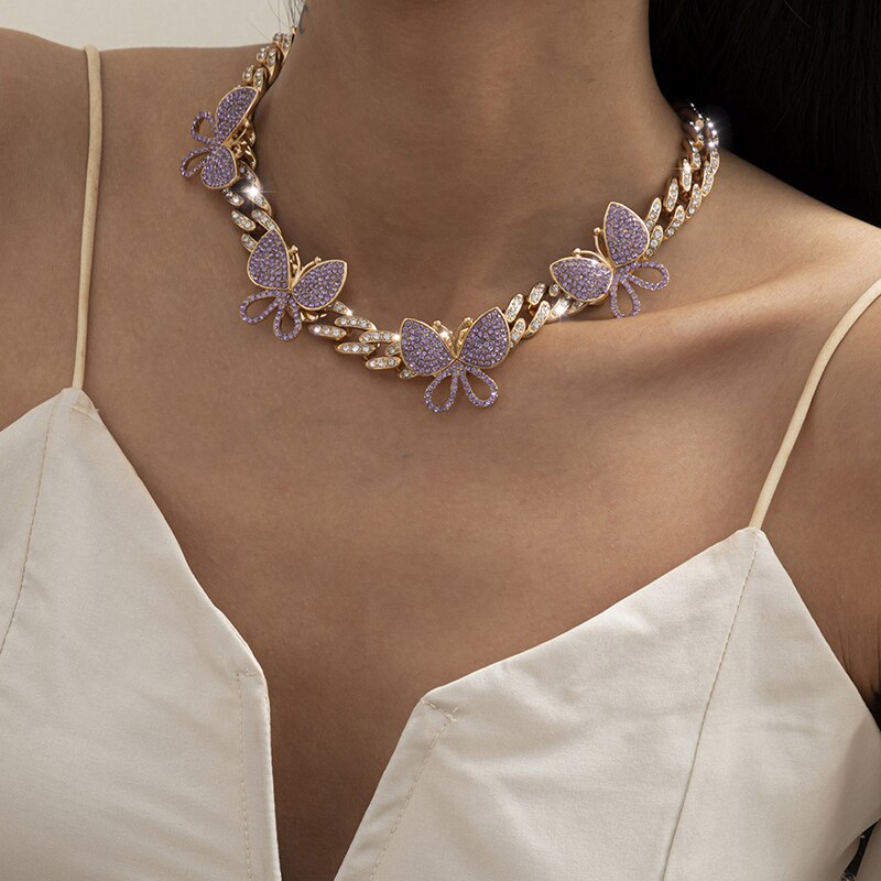 Women's Butterfly Cuban Chain Necklace Gold Silver Color Hip Hop Jewelry Necklace Bracelet Set
