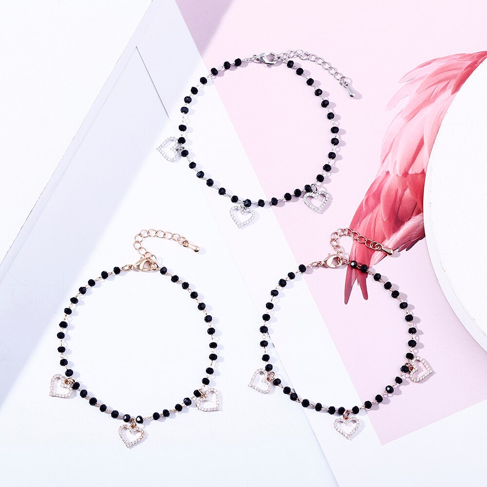 Women's CZ Crystal Heart Charm Bracelets Bangle Jewelry Gift Gold Color Link Chain Black Beades Bracelet pulseras mujer