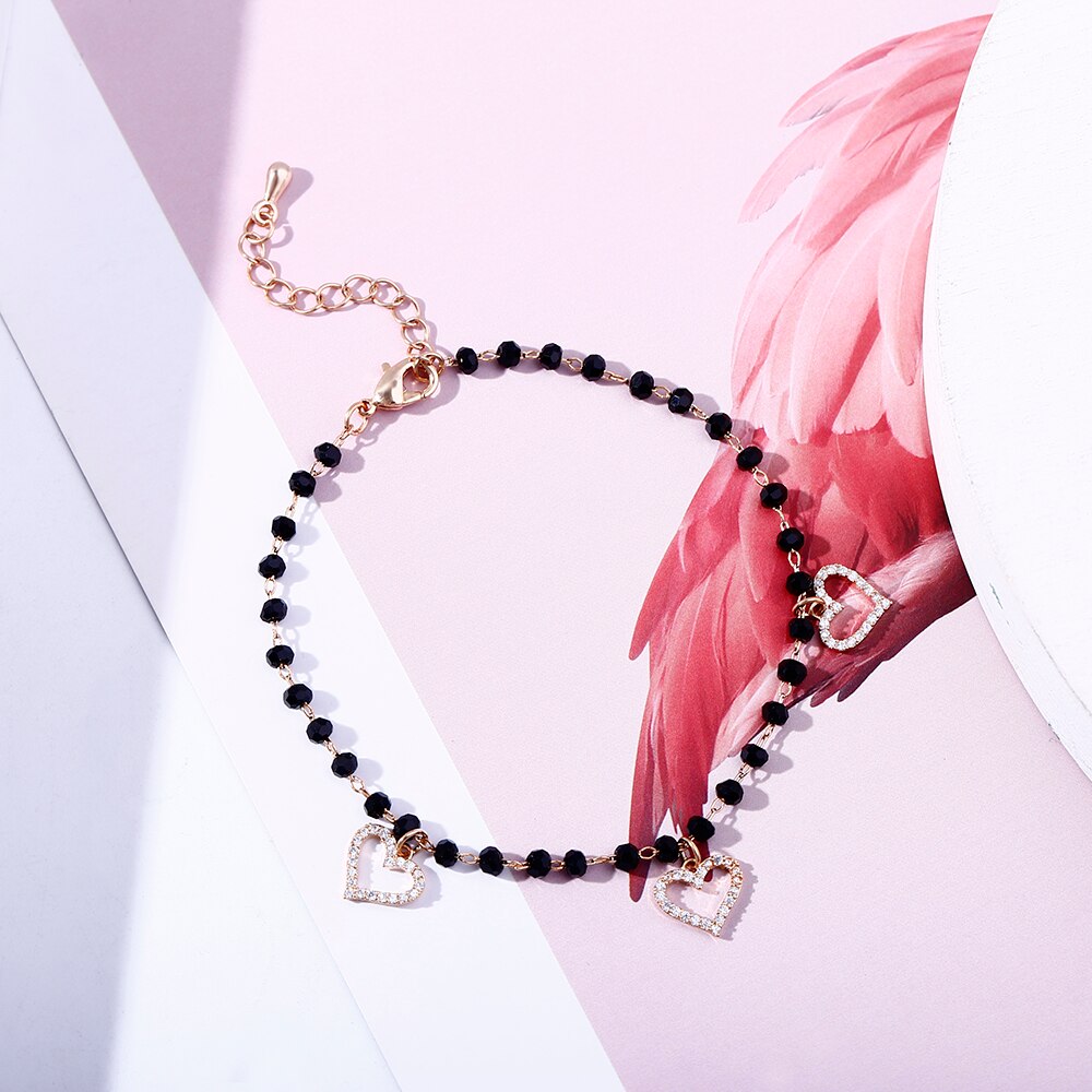 Women's CZ Crystal Heart Charm Bracelets Bangle Jewelry Gift Gold Color Link Chain Black Beades Bracelet pulseras mujer
