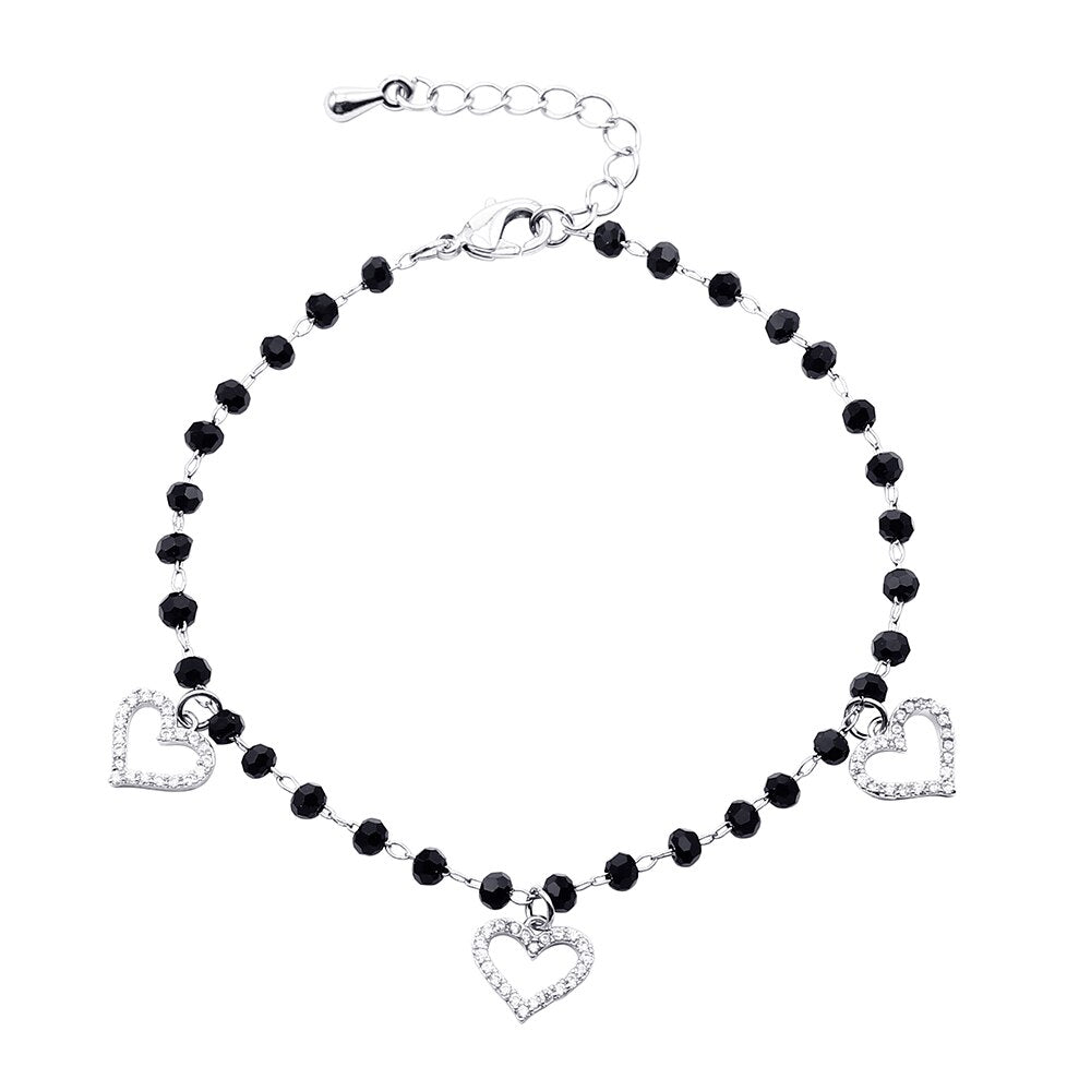 Women's CZ Crystal Heart Charm Bracelets Bangle Jewelry Gift Gold Color Link Chain Black Beades Bracelet pulseras mujer