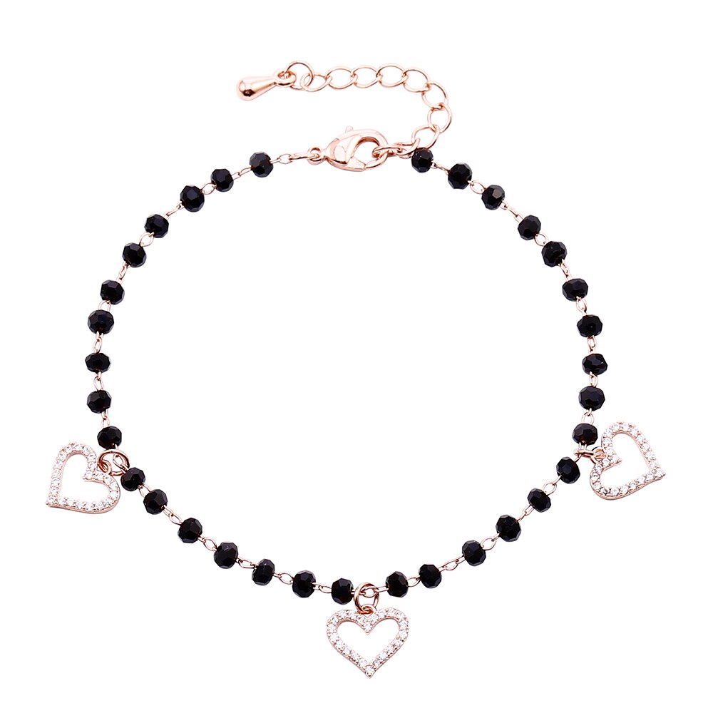 Women's CZ Crystal Heart Charm Bracelets Bangle Jewelry Gift Gold Color Link Chain Black Beades Bracelet pulseras mujer