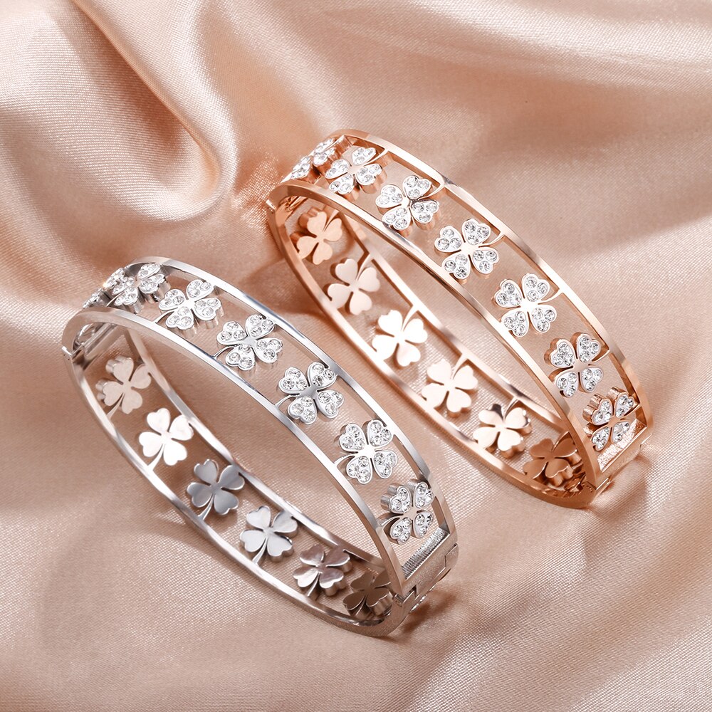 Women's Crystal Four Leaf Clover Bracelet Party Bangle Classic Gold Silver Color Stainless Steel Bracelet Wedding Gifts Jewelry