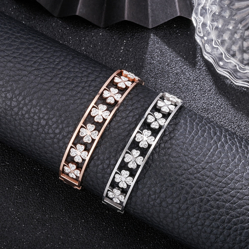 Women's Crystal Four Leaf Clover Bracelet Party Bangle Classic Gold Silver Color Stainless Steel Bracelet Wedding Gifts Jewelry