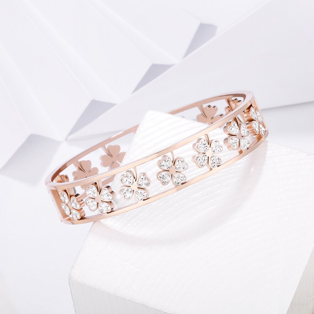 Women's Crystal Four Leaf Clover Bracelet Party Bangle Classic Gold Silver Color Stainless Steel Bracelet Wedding Gifts Jewelry