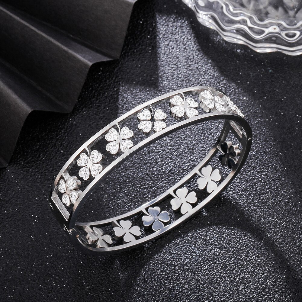 Women's Crystal Four Leaf Clover Bracelet Party Bangle Classic Gold Silver Color Stainless Steel Bracelet Wedding Gifts Jewelry