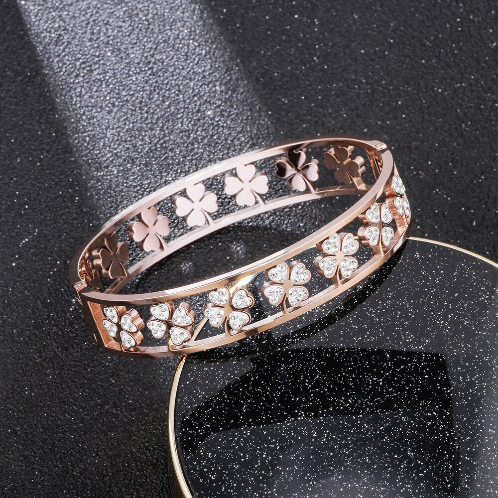 Women's Crystal Four Leaf Clover Bracelet Party Bangle Classic Gold Silver Color Stainless Steel Bracelet Wedding Gifts Jewelry