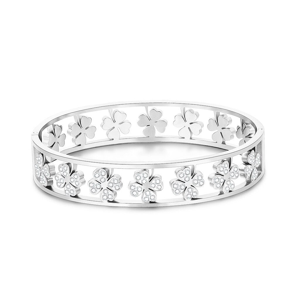 Women's Crystal Four Leaf Clover Bracelet Party Bangle Classic Gold Silver Color Stainless Steel Bracelet Wedding Gifts Jewelry
