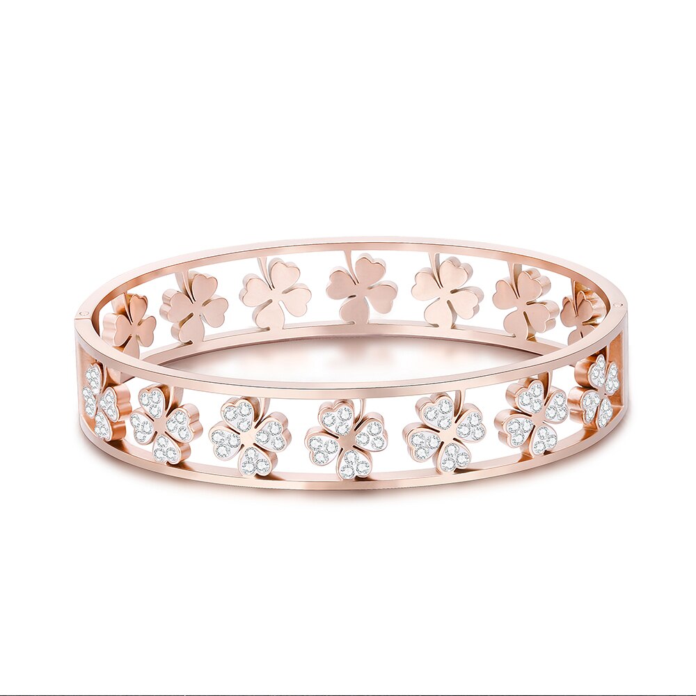 Women's Crystal Four Leaf Clover Bracelet Party Bangle Classic Gold Silver Color Stainless Steel Bracelet Wedding Gifts Jewelry