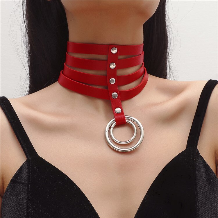 Women's Dark Black Punk Gothic Wind Sexy Rivet Alternative Metal Slave PU Leather Collar Round Necklace Bdsm Body Harness