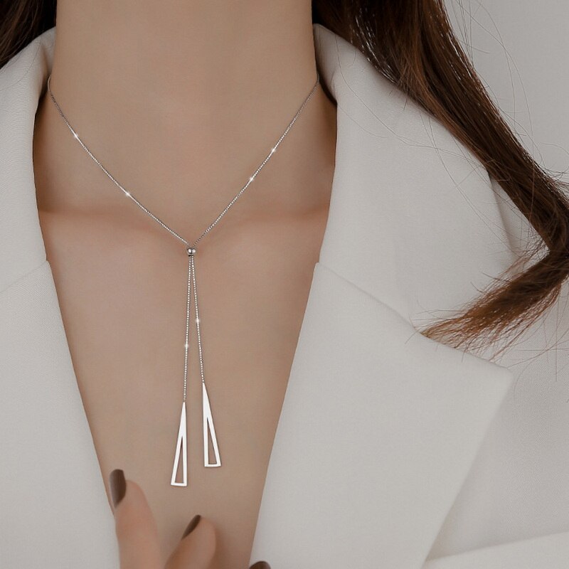 Women's Silver Color Choker Necklace Creative Geometric Triangle Pendant Adjustable Clavicle Chain Neck Jewelry Gift