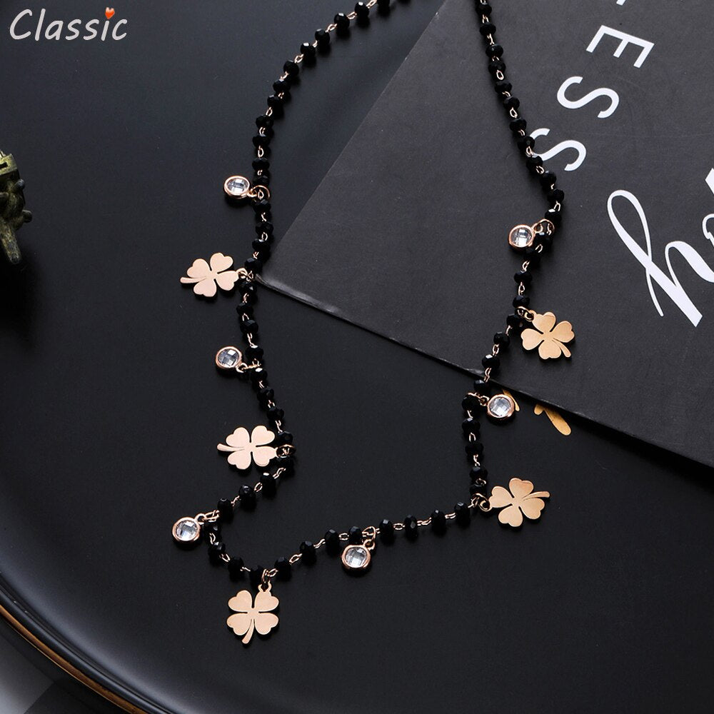 Women's Four Clover Chokers Neckalce Stainless Steel Pendant Black Beads Crystal Chain Necklaces Jewelry Elegant Collier femme