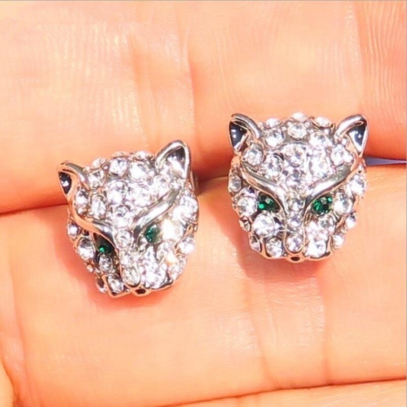 Women's  Crystal Cheetah Shaped Stud Earrings Vintage Silver Wedding Jewelry White Zircon Women's Earrings
