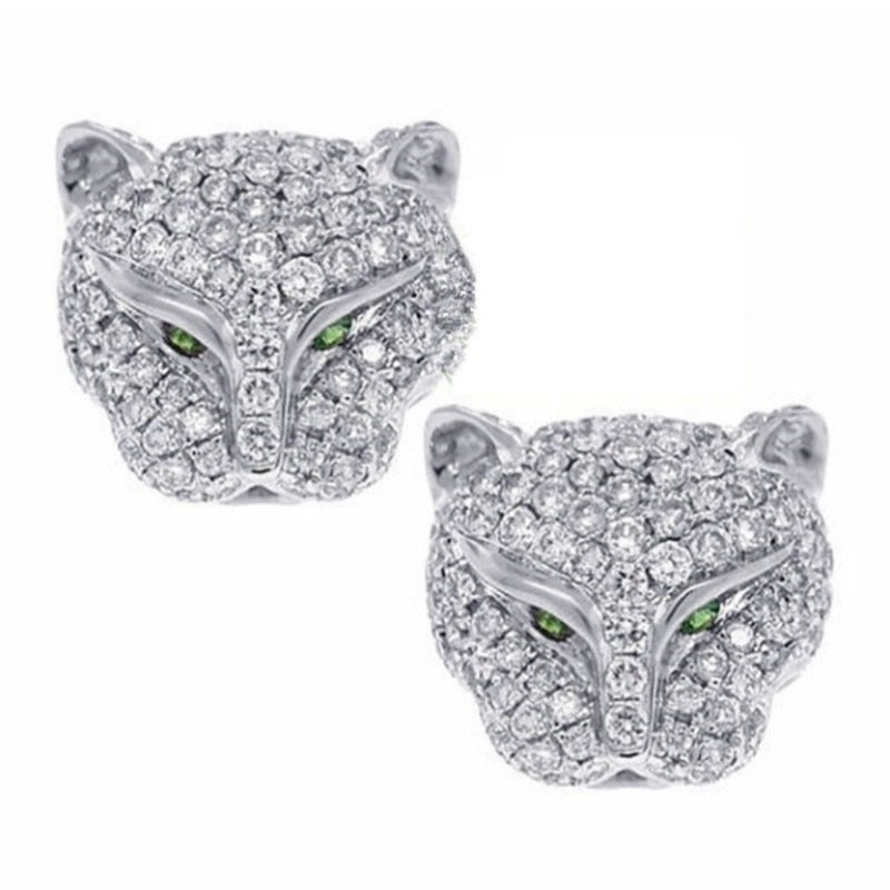 Women's  Crystal Cheetah Shaped Stud Earrings Vintage Silver Wedding Jewelry White Zircon Women's Earrings
