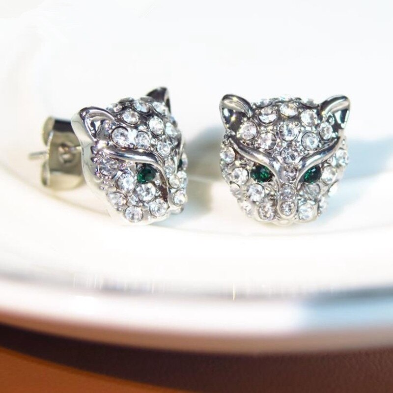 Women's  Crystal Cheetah Shaped Stud Earrings Vintage Silver Wedding Jewelry White Zircon Women's Earrings