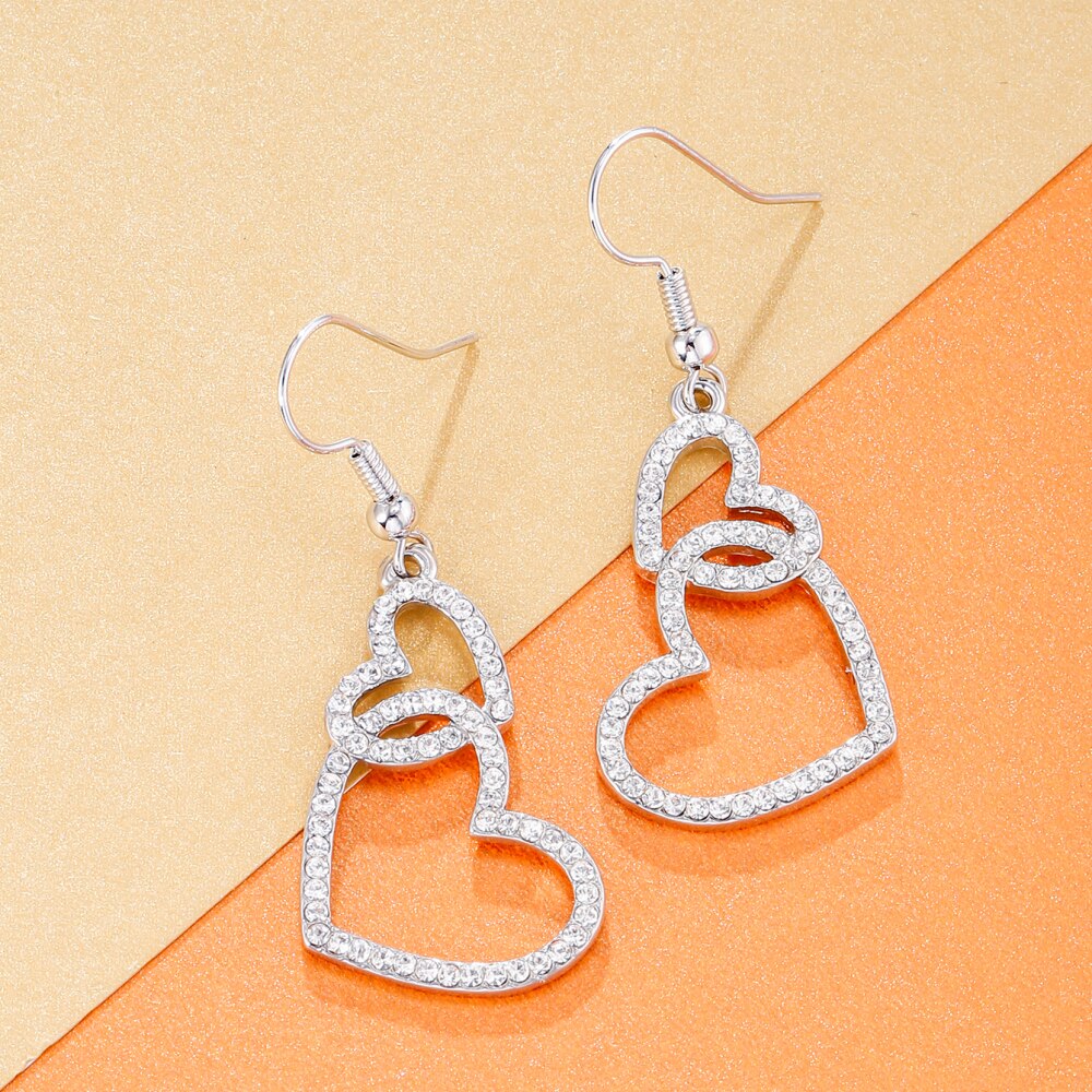Women's Piercing Dangle Earrings Rhinestone Double Heart Drop Earings Female Party Gift Accessories Korean Jewelry 2022