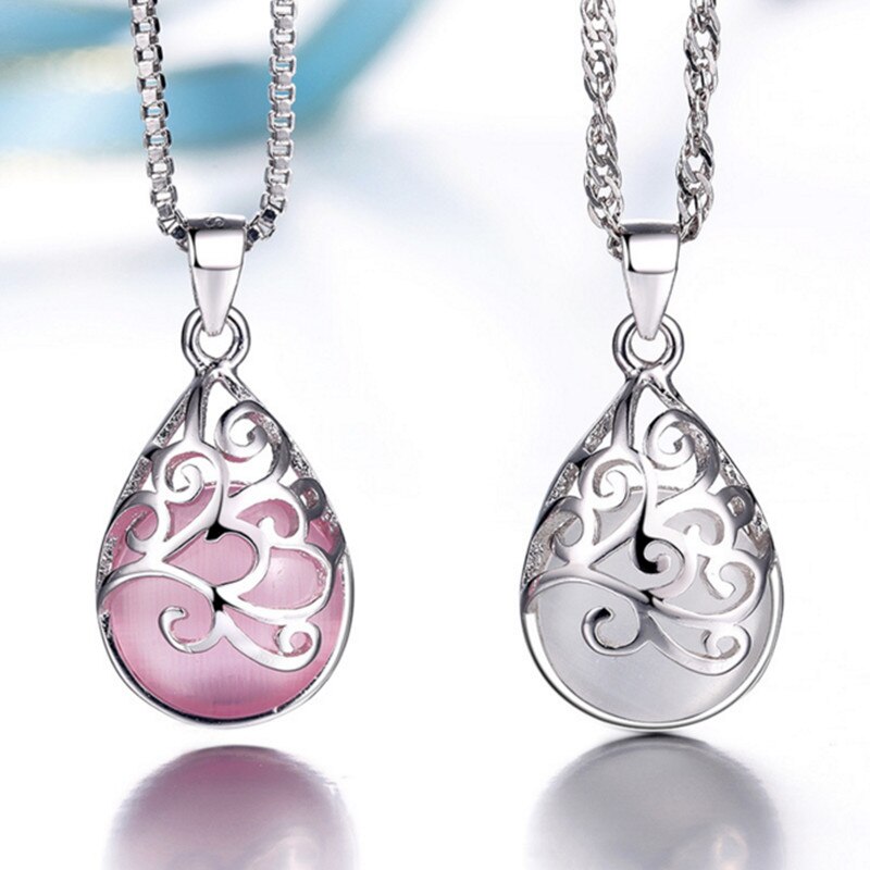 Women's Retro Flowers Hollow Carved Inlaid Droplet Opal Pendant Clavicle Chain Necklace Jewelry Gifts NL0228