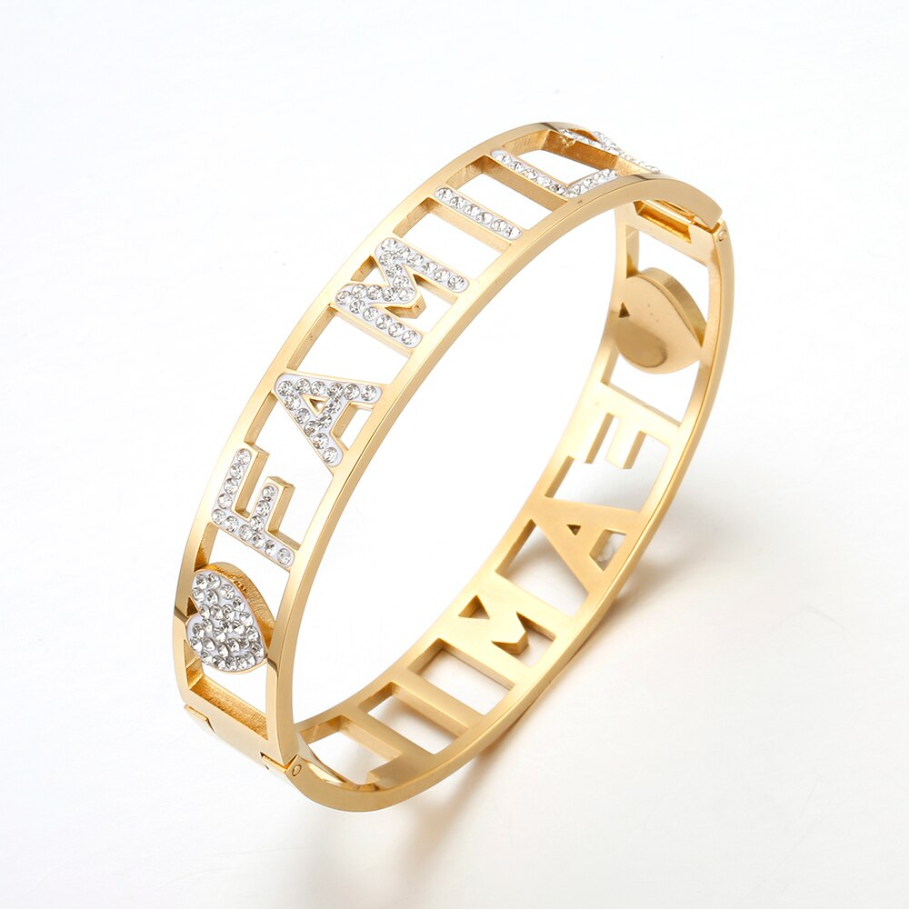 Women's Stainless Steel Bracelet Femme Wthie Crystal FAMILY Letters Bangle Gold Color  Wedding Jewelry Gifts