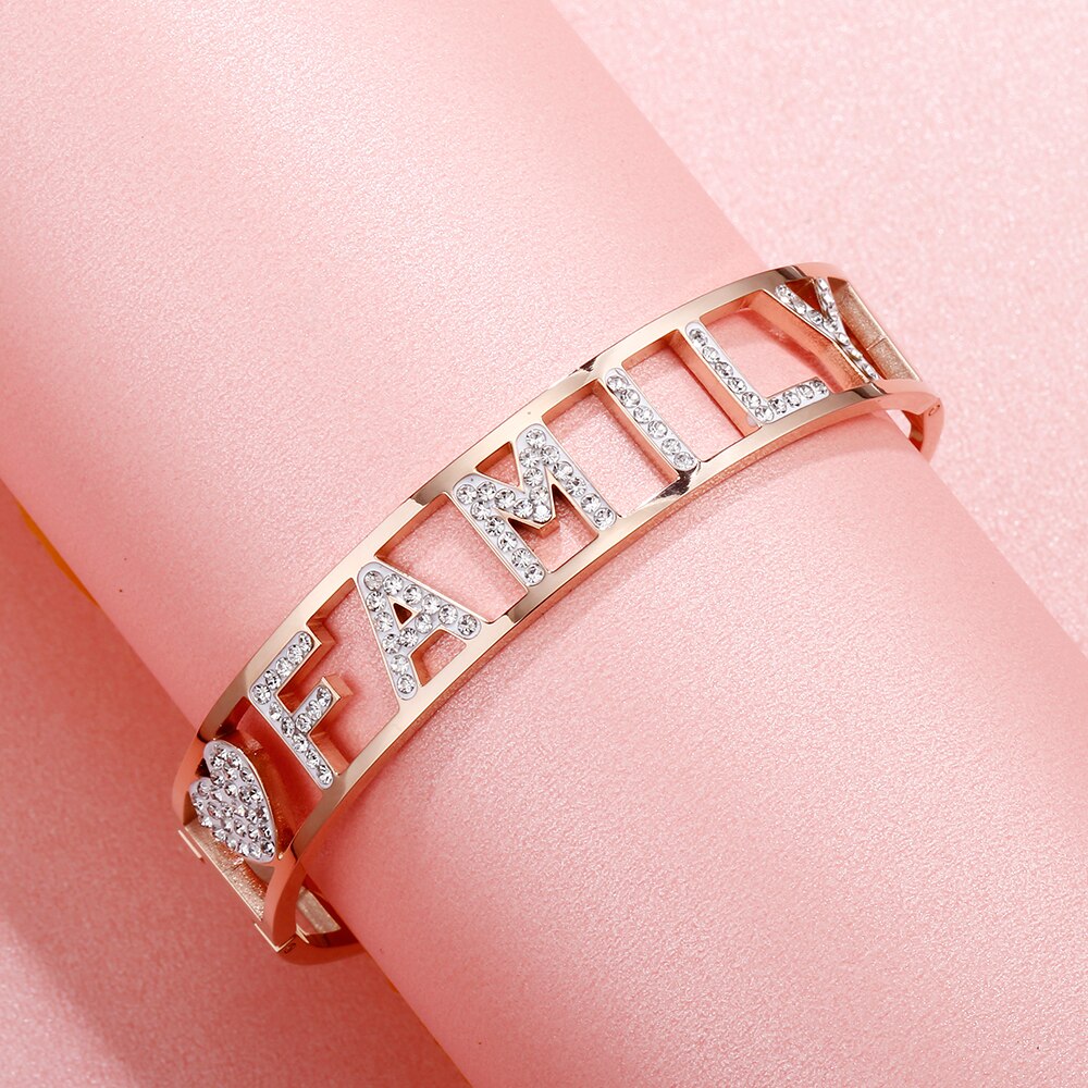 Women's Stainless Steel Bracelet Femme Wthie Crystal FAMILY Letters Bangle Gold Color  Wedding Jewelry Gifts
