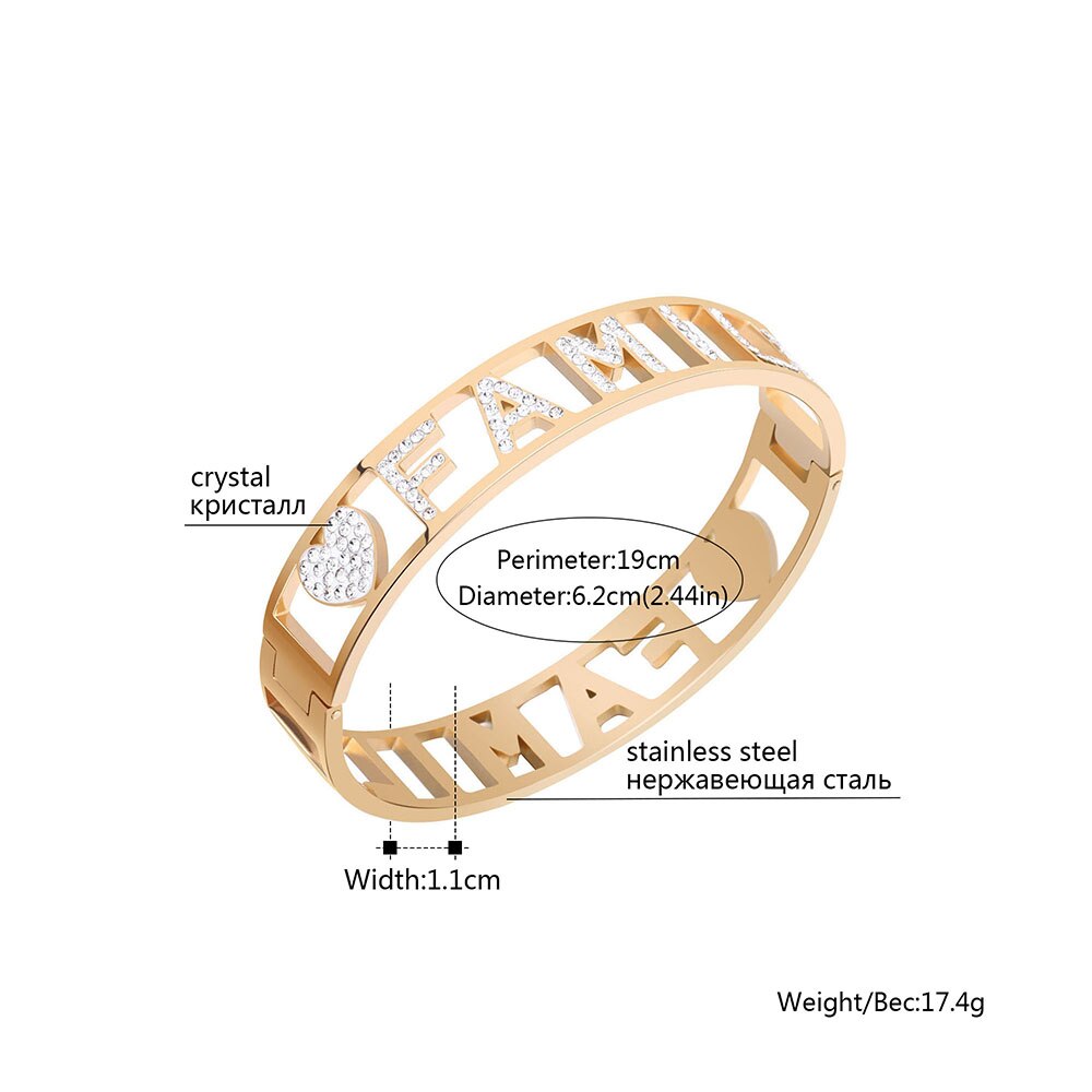 Women's Stainless Steel Bracelet Femme Wthie Crystal FAMILY Letters Bangle Gold Color  Wedding Jewelry Gifts