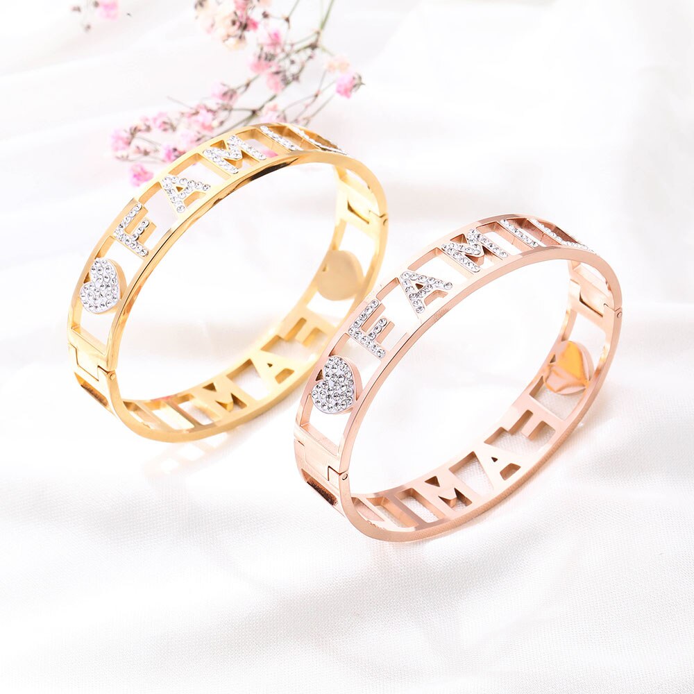 Women's Stainless Steel Bracelet Femme Wthie Crystal FAMILY Letters Bangle Gold Color  Wedding Jewelry Gifts