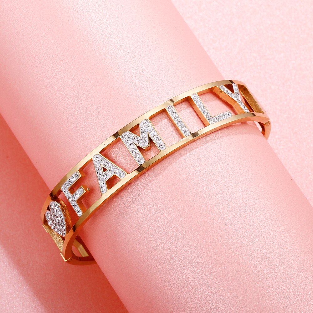 Women's Stainless Steel Bracelet Femme Wthie Crystal FAMILY Letters Bangle Gold Color  Wedding Jewelry Gifts