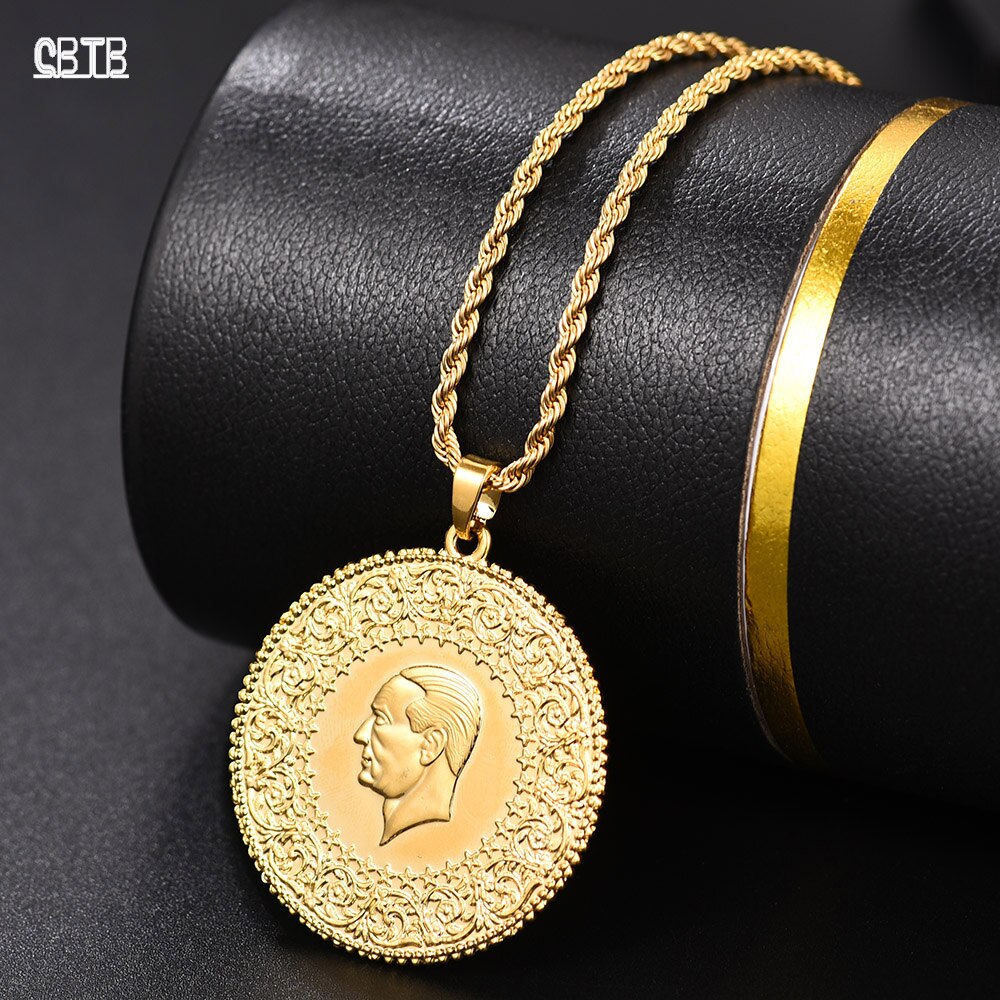 Women's Three Sizes Muslim Islam Turkey Ataturk Pendant Arabian Necklace Simple Gold Coin Jewelry Ethnic Gift