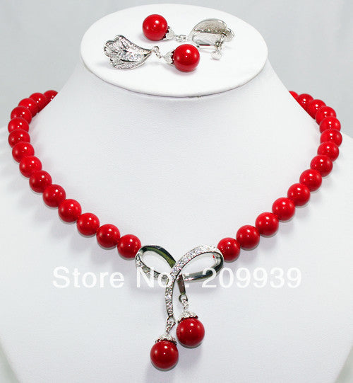 Women's jewelry red bead necklace earring set