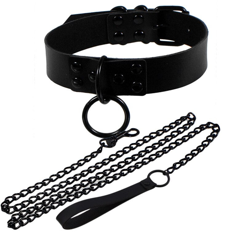 Womens Punk Gothic Leash Collar Black Accessories Sexy PU Leather Slave Collar Traction Rope BDSM Bondage Necklace