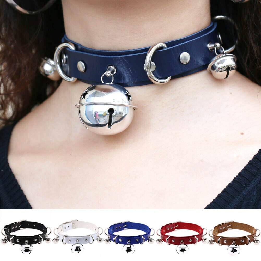 Womens Sexy Punk Goth Leather Collar PU Leather Buckle Bell Collar Choker Necklace