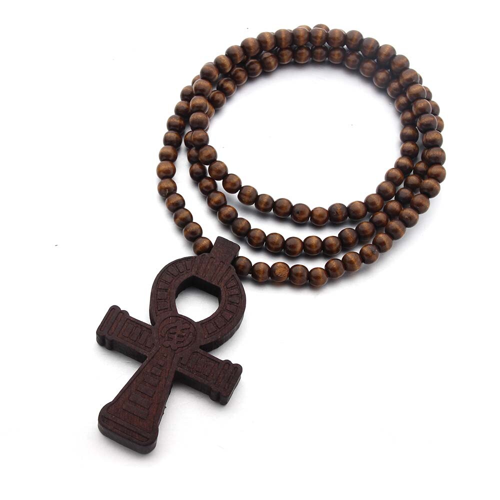 Wood Round Beads Handmade Elastic Africa Egyptian Ankh Engraved DIY Necklaces Vintage African Women Party Hiphop Rock Jewelry
