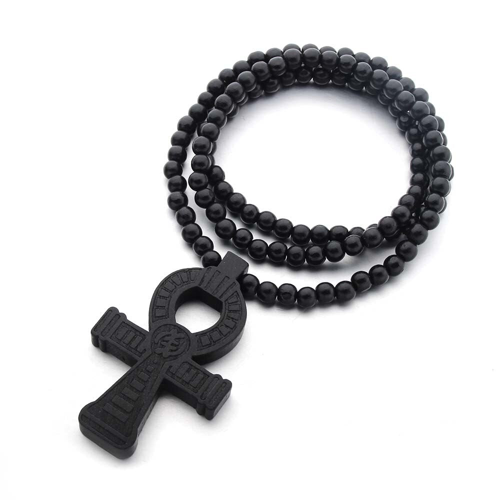 Wood Round Beads Handmade Elastic Africa Egyptian Ankh Engraved DIY Necklaces Vintage African Women Party Hiphop Rock Jewelry