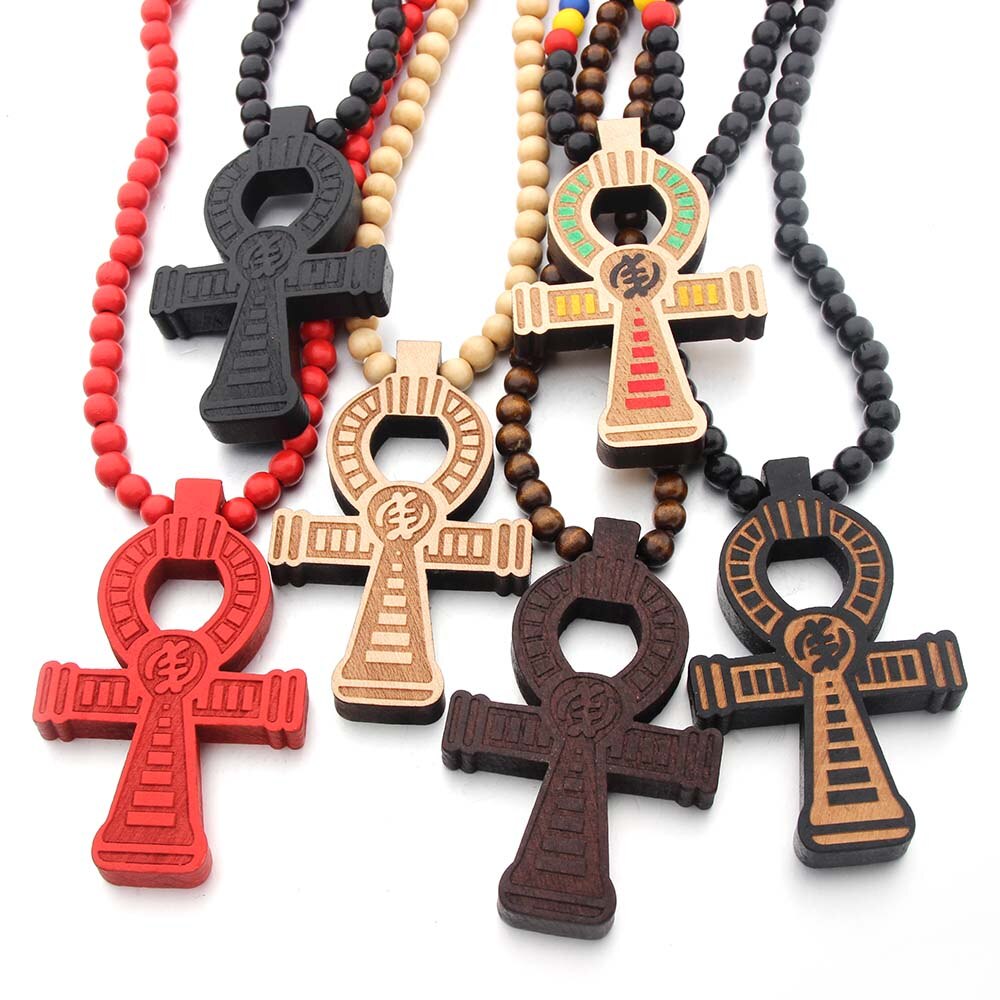 Wood Round Beads Handmade Elastic Africa Egyptian Ankh Engraved DIY Necklaces Vintage African Women Party Hiphop Rock Jewelry