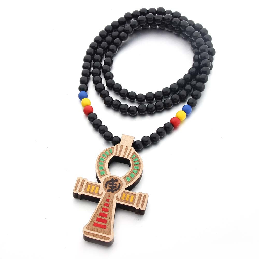 Wood Round Beads Handmade Elastic Africa Egyptian Ankh Engraved DIY Necklaces Vintage African Women Party Hiphop Rock Jewelry