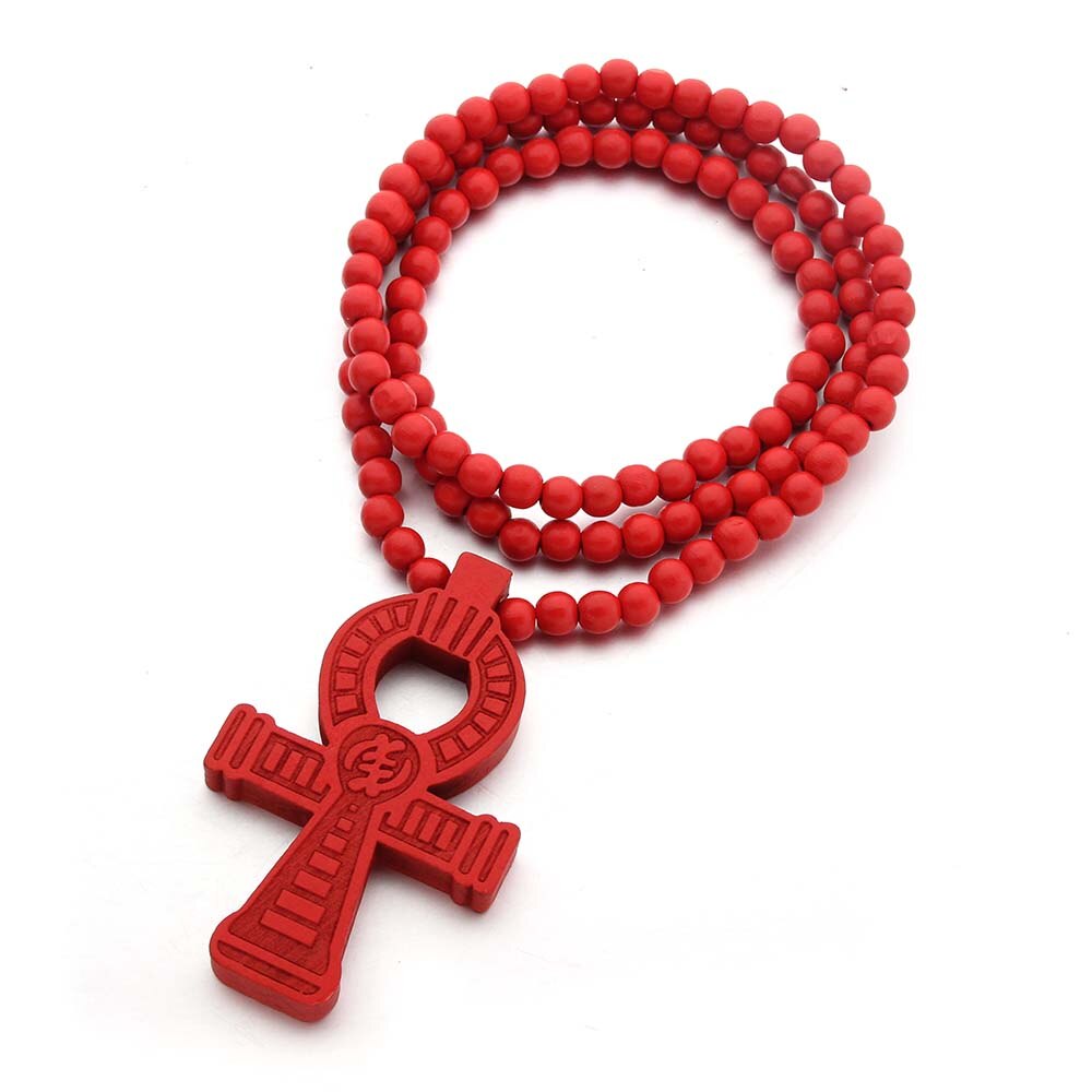 Wood Round Beads Handmade Elastic Africa Egyptian Ankh Engraved DIY Necklaces Vintage African Women Party Hiphop Rock Jewelry