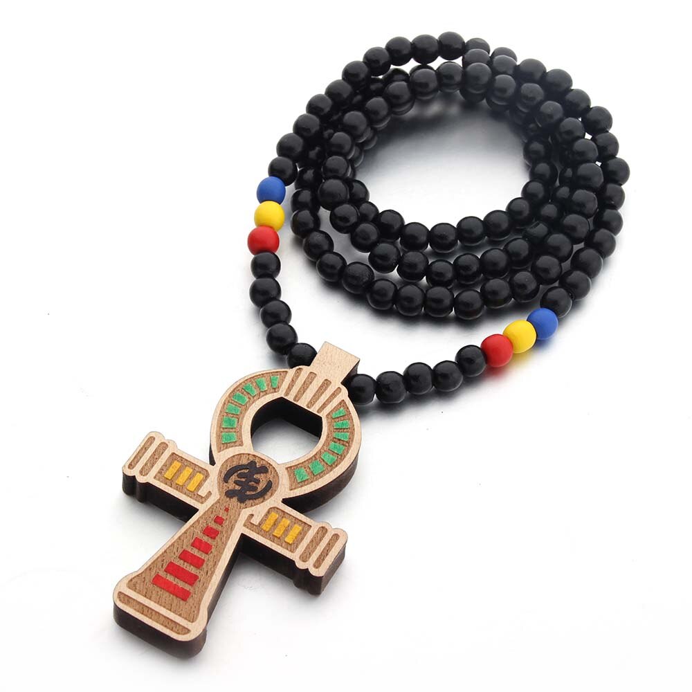 Wood Round Beads Handmade Elastic Africa Egyptian Ankh Engraved DIY Necklaces Vintage African Women Party Hiphop Rock Jewelry