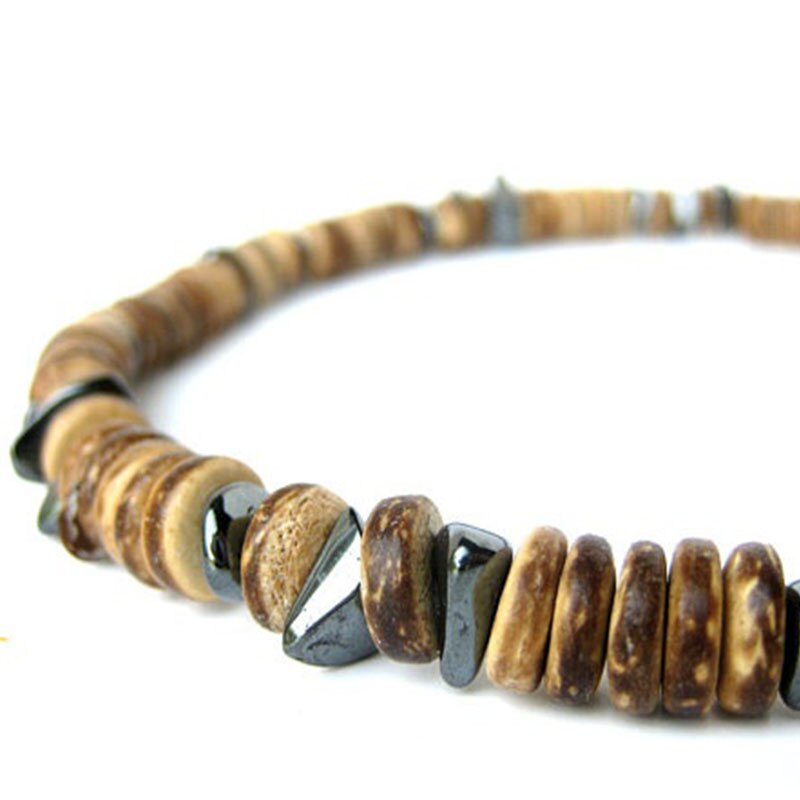 Wood necklace for men handmade from hematite and wood bead necklace