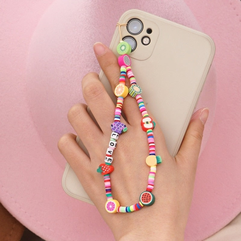 Woven LOVE Letter Beaded Anti-lost Phone Chain Fruit Rainbow Soft Ceramic Lanyard Charm Strap Mobile for Girls Phone Choker Keys