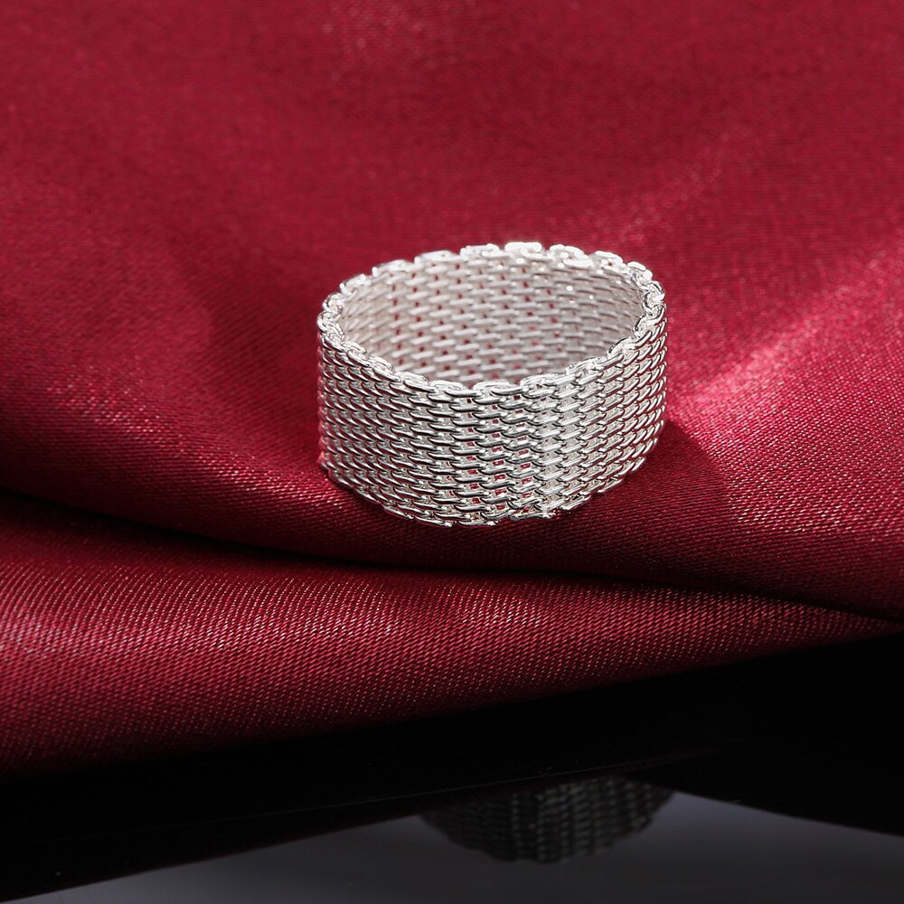 Woven Mesh 925 Stamp Silver Color Women's Dating Ring Korean Wedding Party Charm  Jewelry