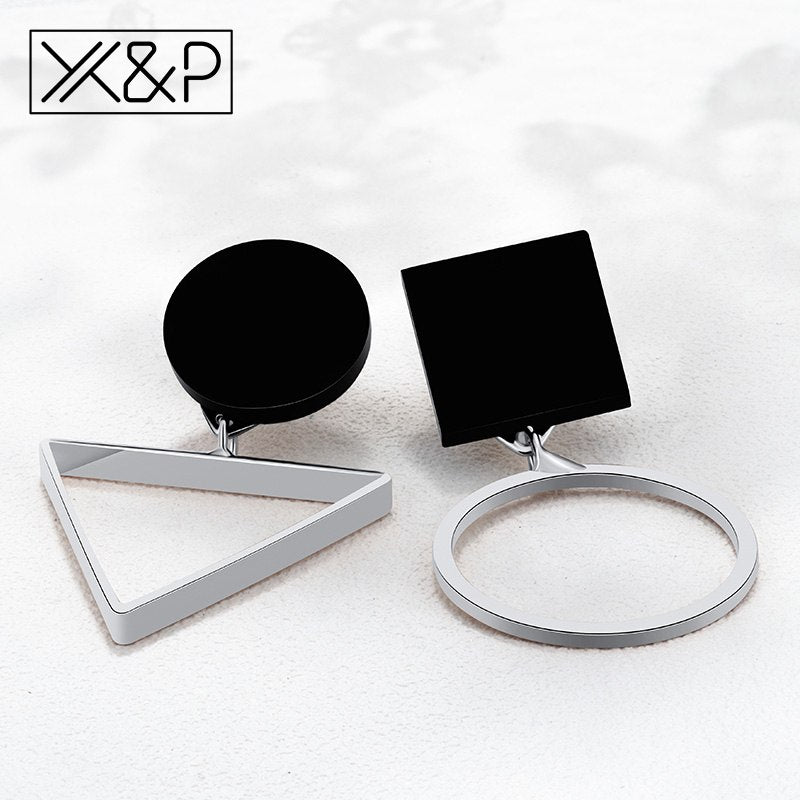 X&P Fashion Luxury Asymmetric Geometric Silver Dangle Earrings for Women Girl Simple Round Triangle Drop Earring Jewelry