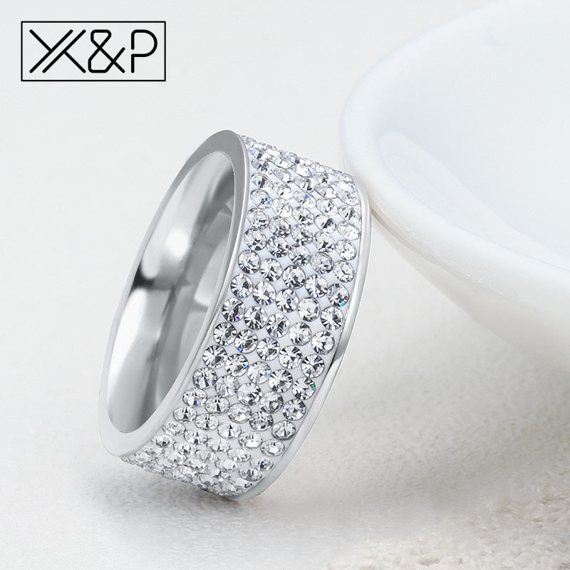 X&P Fashion Trendy Korean Gold Silver Shiny Crystal Ring for Women Men Party Anniversary Rhinestone Stainless Steel Ring Jewelry