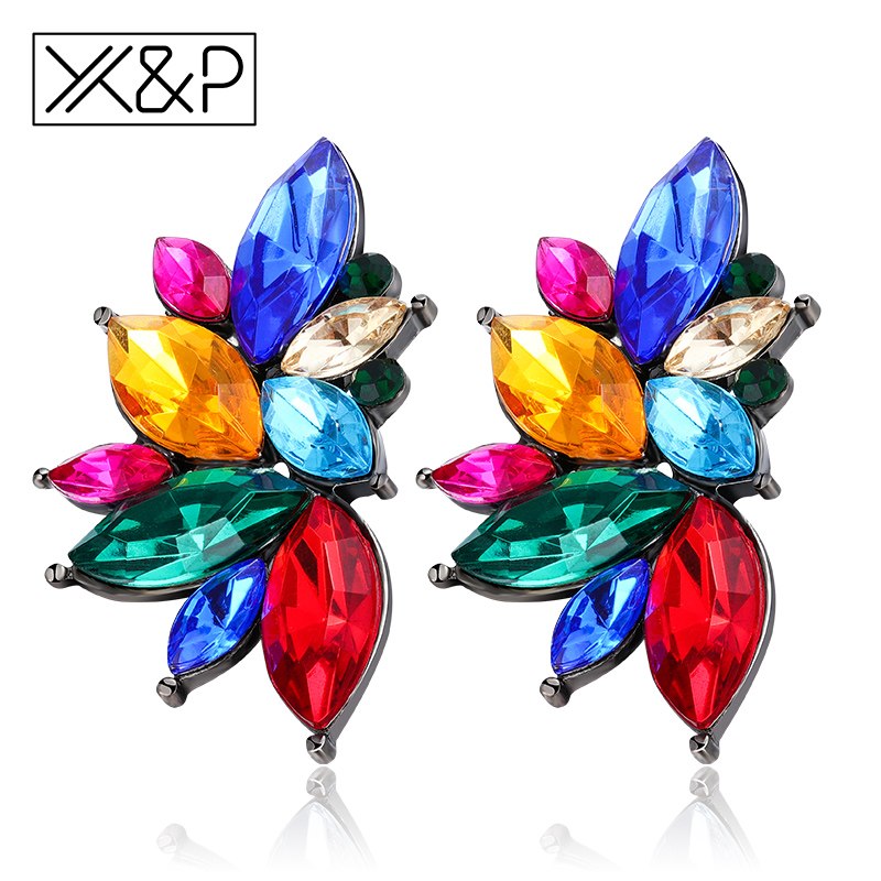 X&P Trendy Brand Opal Stone Gold Earrings for Women Girl Fashion Elegant Geometric Flowers Crystal Stud Earring Jewelry