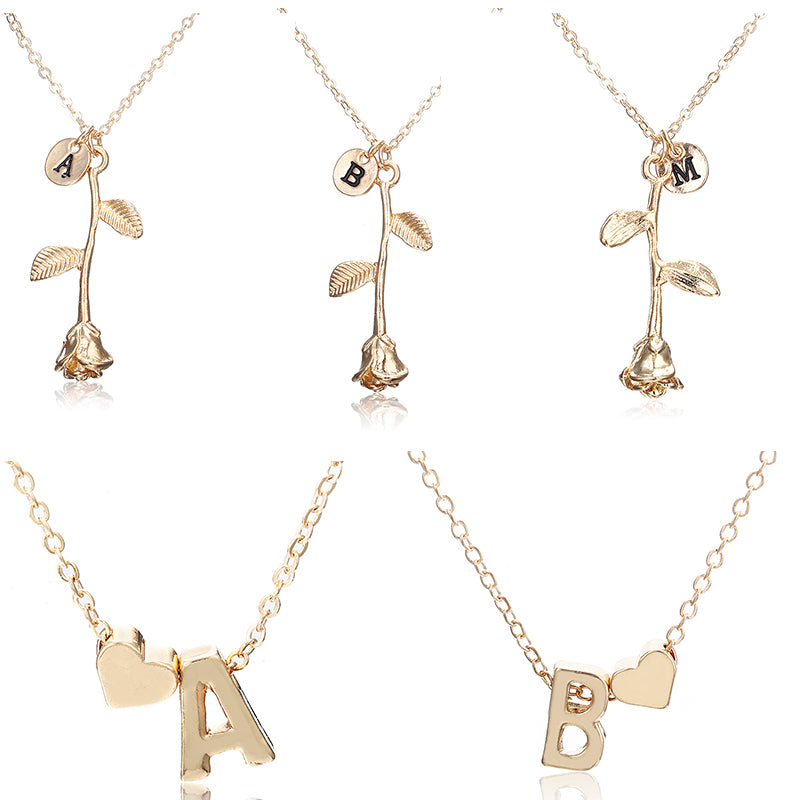 X146/X6 Trendy Gold Color Chain Rose Necklace For Women With Letter&Heart Pendant Simple Choker Necklace Fashion Jewelry