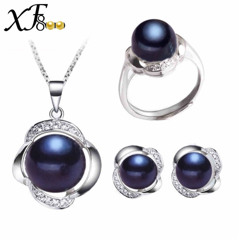 [XF800]Black Pearl Jewelry Sets 925 Sterling Silver Genuine Pearl Necklace Pendant Earrings Rings For Women[st20]