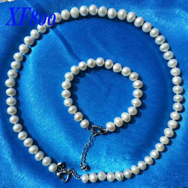 [XF800] Fine jewelry Trendy Pearl Jewelry Sets For Women 8-9mm Near Round Natural Pearl Necklace &Bracelet Gift st09