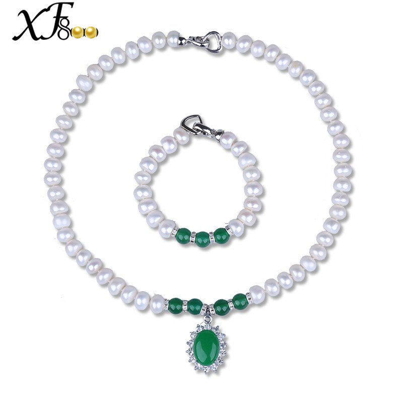 [XF800]Pearl Jewelry Sets For Women Genuine Fresh Water White 9-10mm Pearl Necklace Bracelet With Agate For Mother's day[T222]