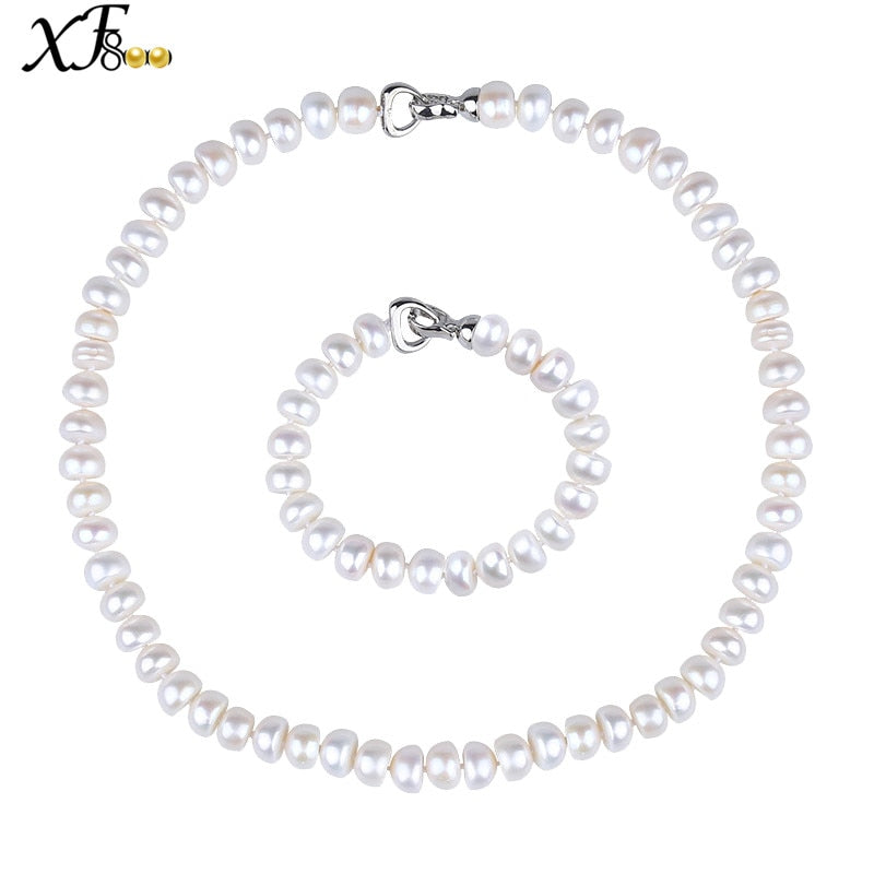 [XF800]Wedding Pearl Jewelry Set Natural 9-10mm Semi-Round Choker Necklace Bracelet Party Gift[T205]