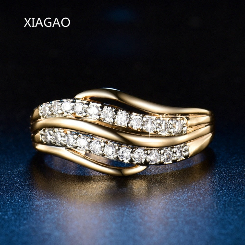 Newest Design Ring Female Gold-Color Big Rings For Women Rhinestones Wedding Anel Setting Jewelry Wave CZ Gift ZR592