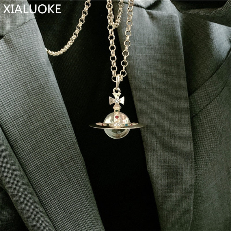 XIALUOKE Geometric Metal Planet Flying Saucer Pendant Necklace Inlaid Crystal Glass Bead Long Necklace Party Jewelry